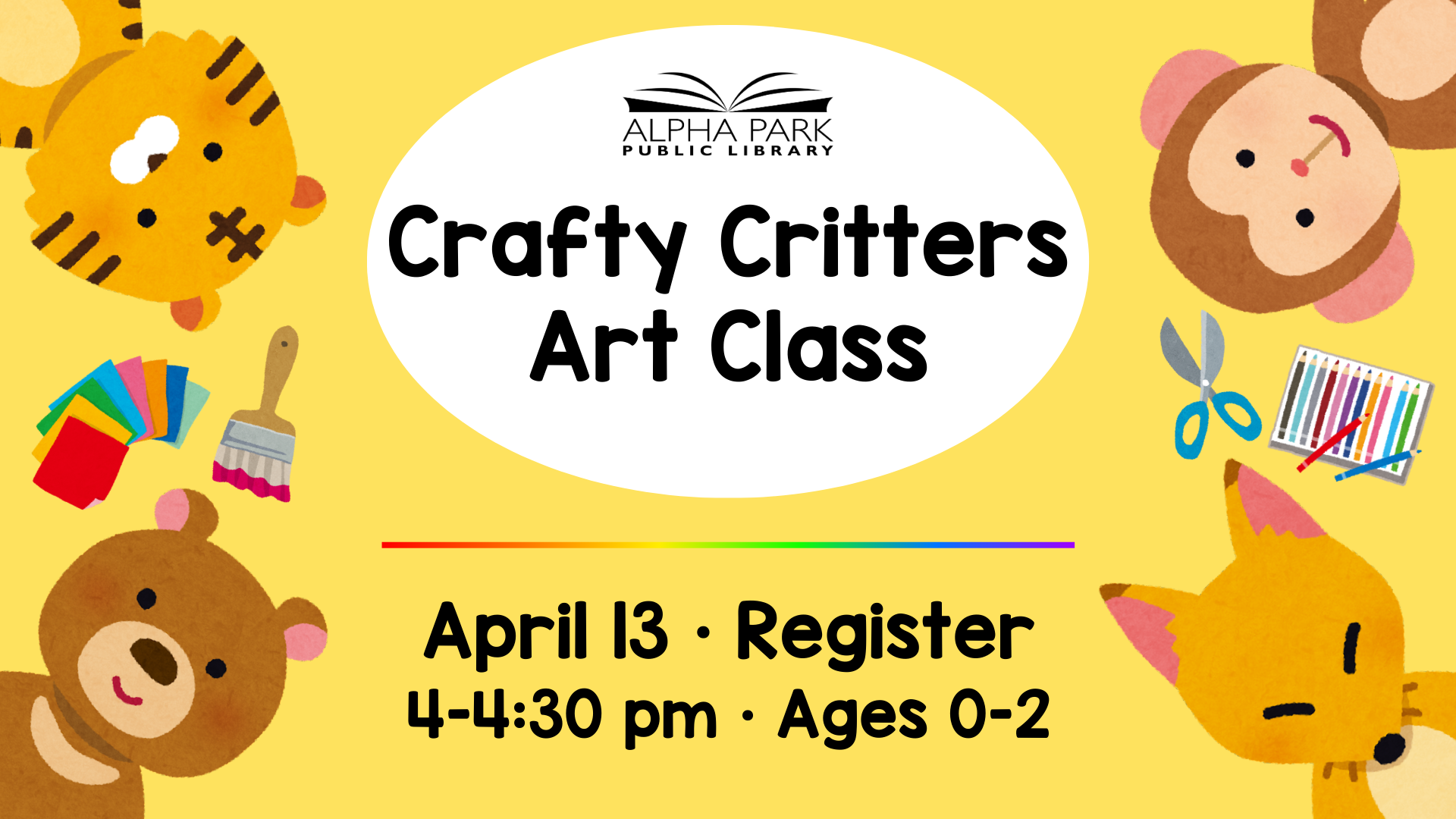 A flyer for a "Crafty Critters" art class at Alpha Park Public Library on April 13, for ages 0-2, from 4-4:30 PM.