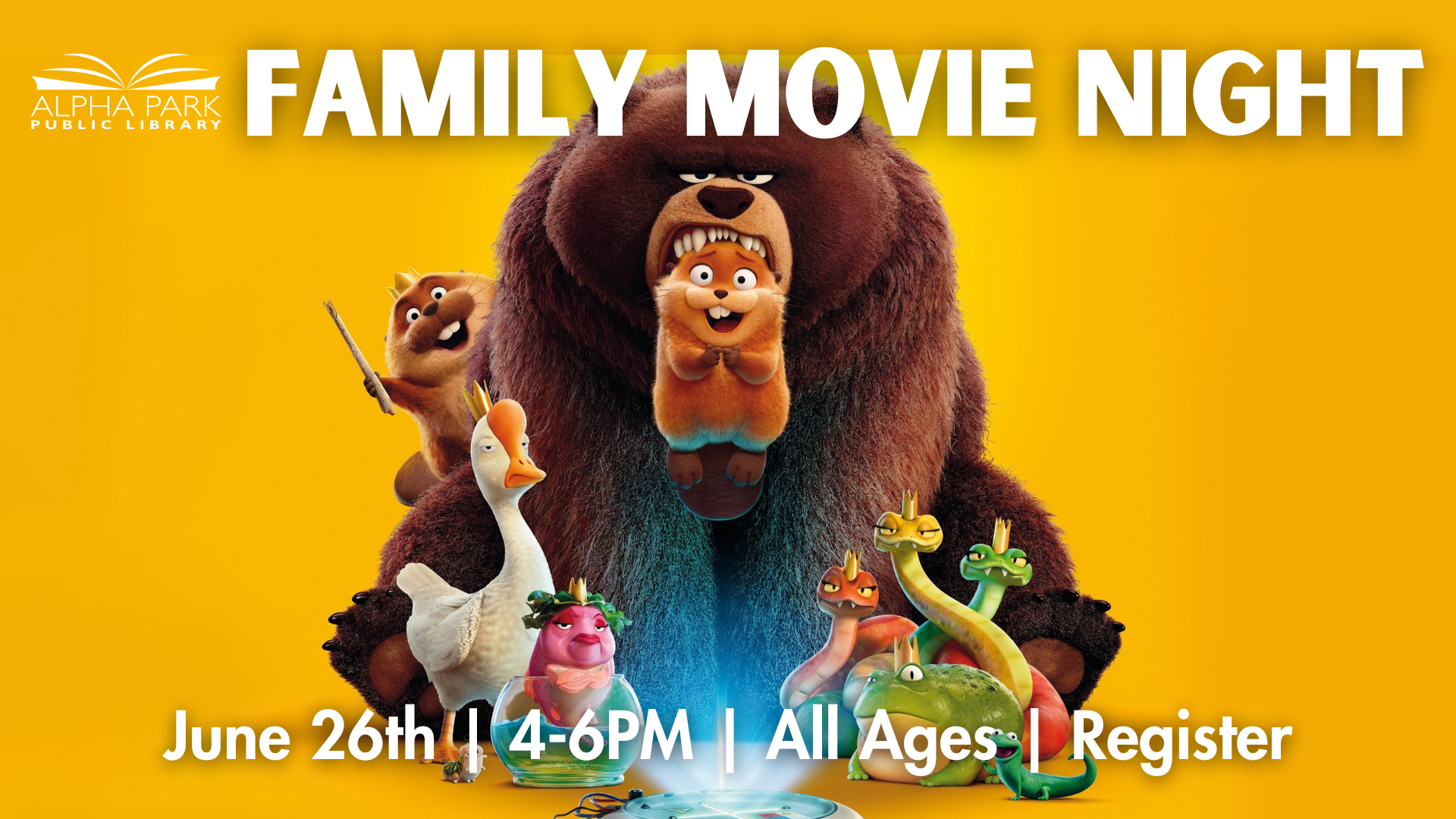 A poster for a "Family Movie Night" at Alpha Park Public Library on June 26, 4-6 PM. Registration required.