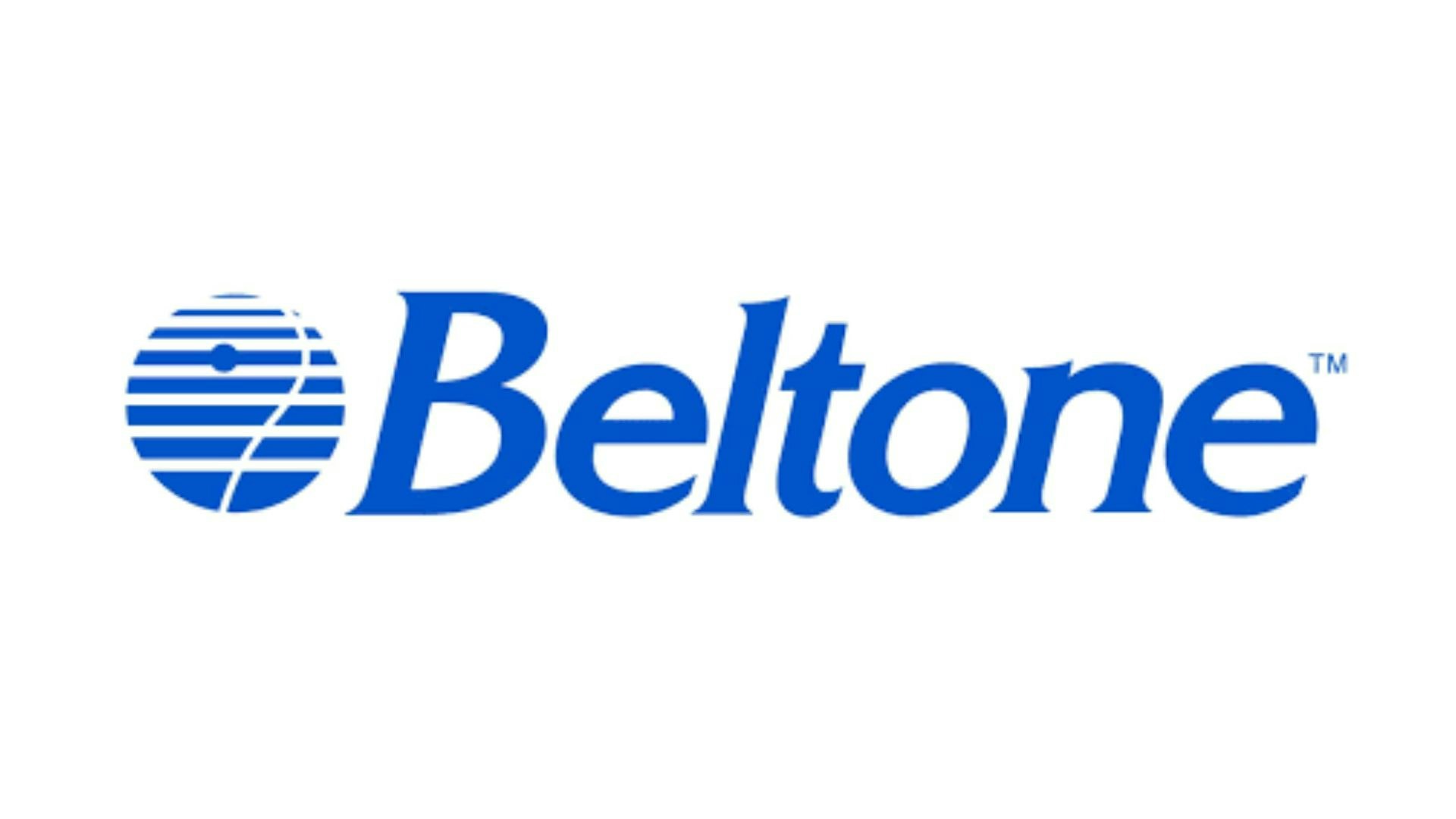 A blue logo with the text "Beltone" and a circular striped design.