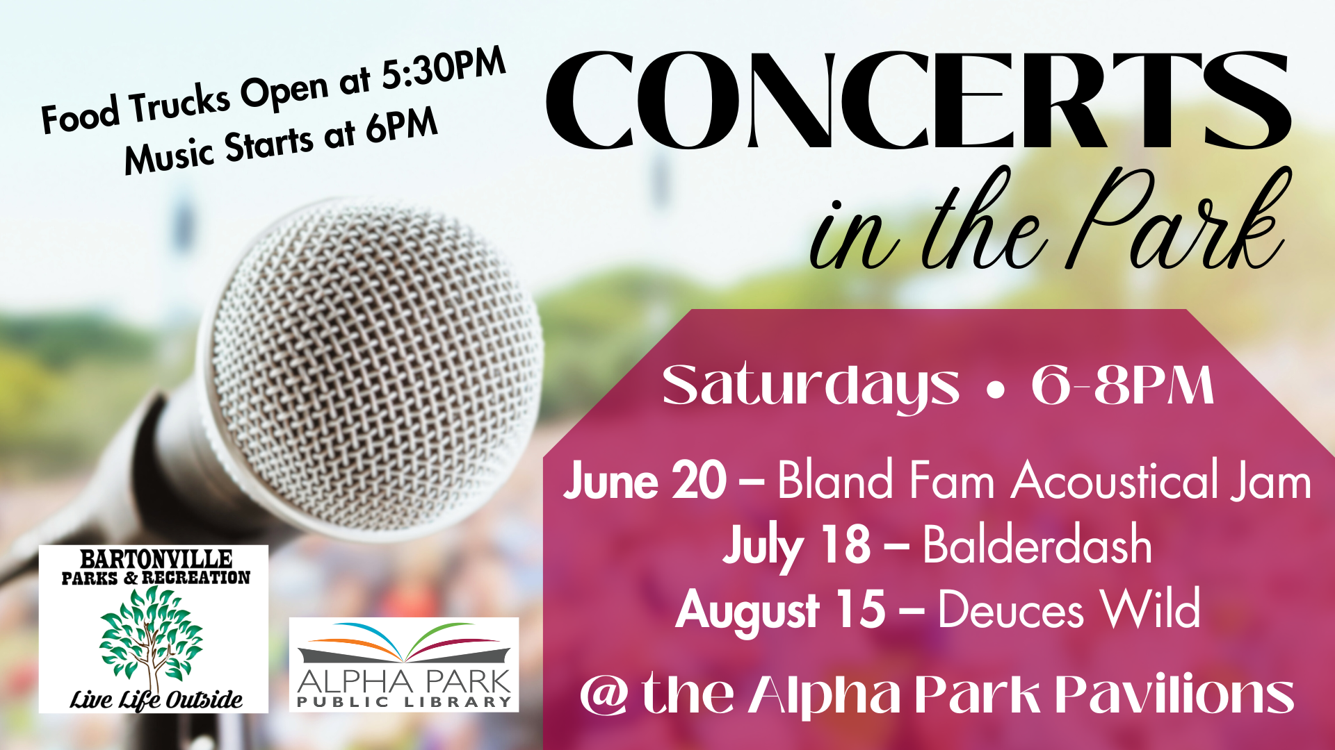 Concerts in the Park on Saturdays, 6-8 PM. Food trucks at 5:30 PM. June 20, July 18, and August 15 events listed.