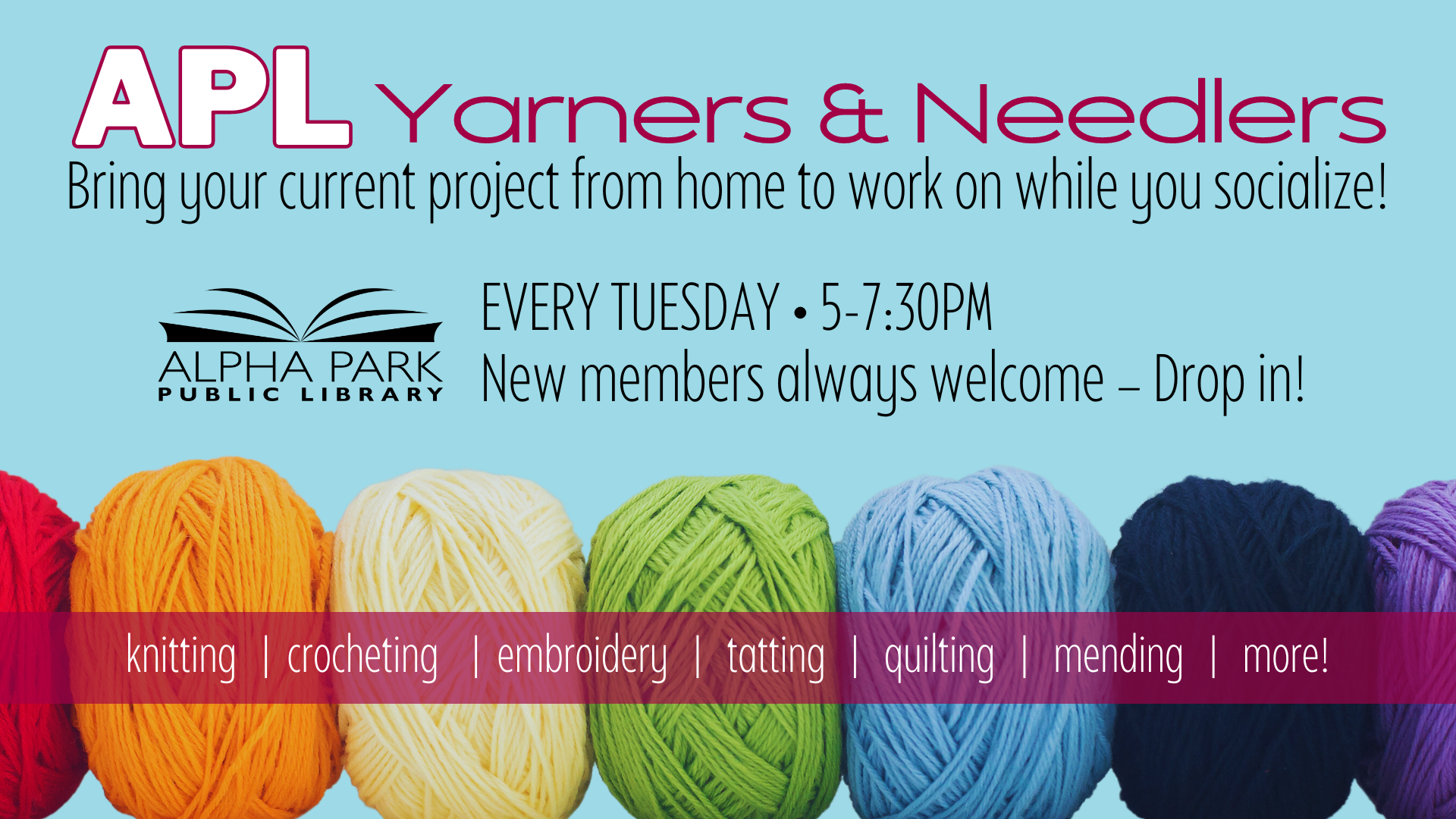 Flyer for a craft group meeting at Alpha Park Public Library, Tuesdays 5-7:30PM, featuring yarn crafts like knitting and crocheting.