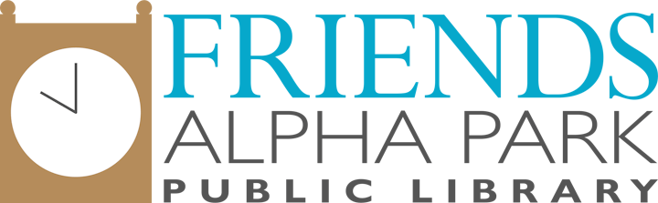Logo: "Friends Alpha Park Public Library" with a clock design.