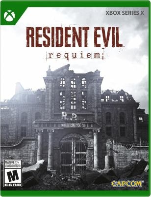 The image shows the cover of "Resident Evil: Requiem" for Xbox Series X, featuring a ruined building and a mature rating.