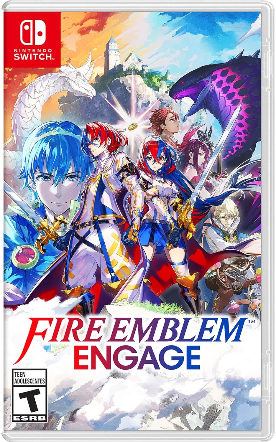Nintendo Switch "Fire Emblem Engage" game cover with colorful anime-style characters and dragons.