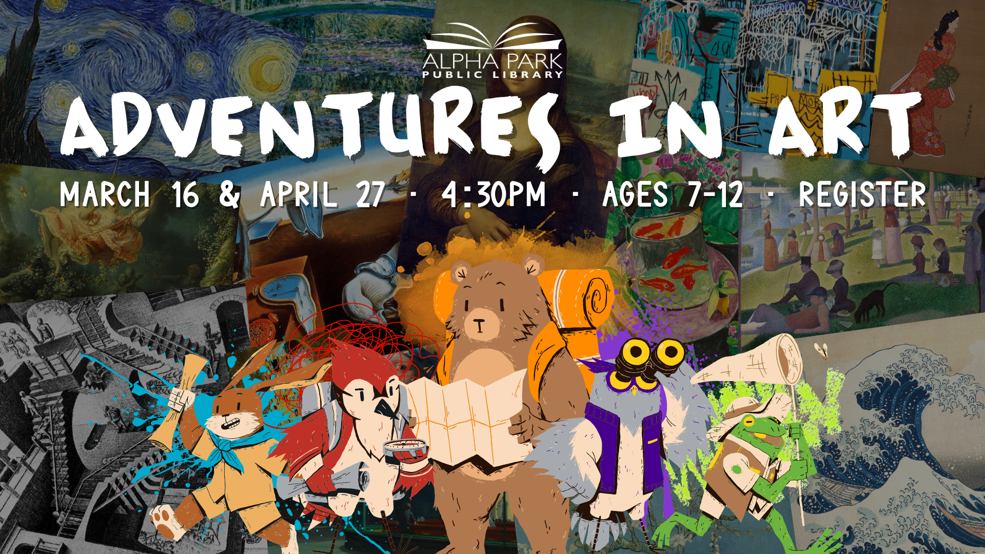 Promotional poster for "Adventures in Art" at Alpha Park Public Library, for ages 7-12, on March 16 & April 27 at 4:30 PM.