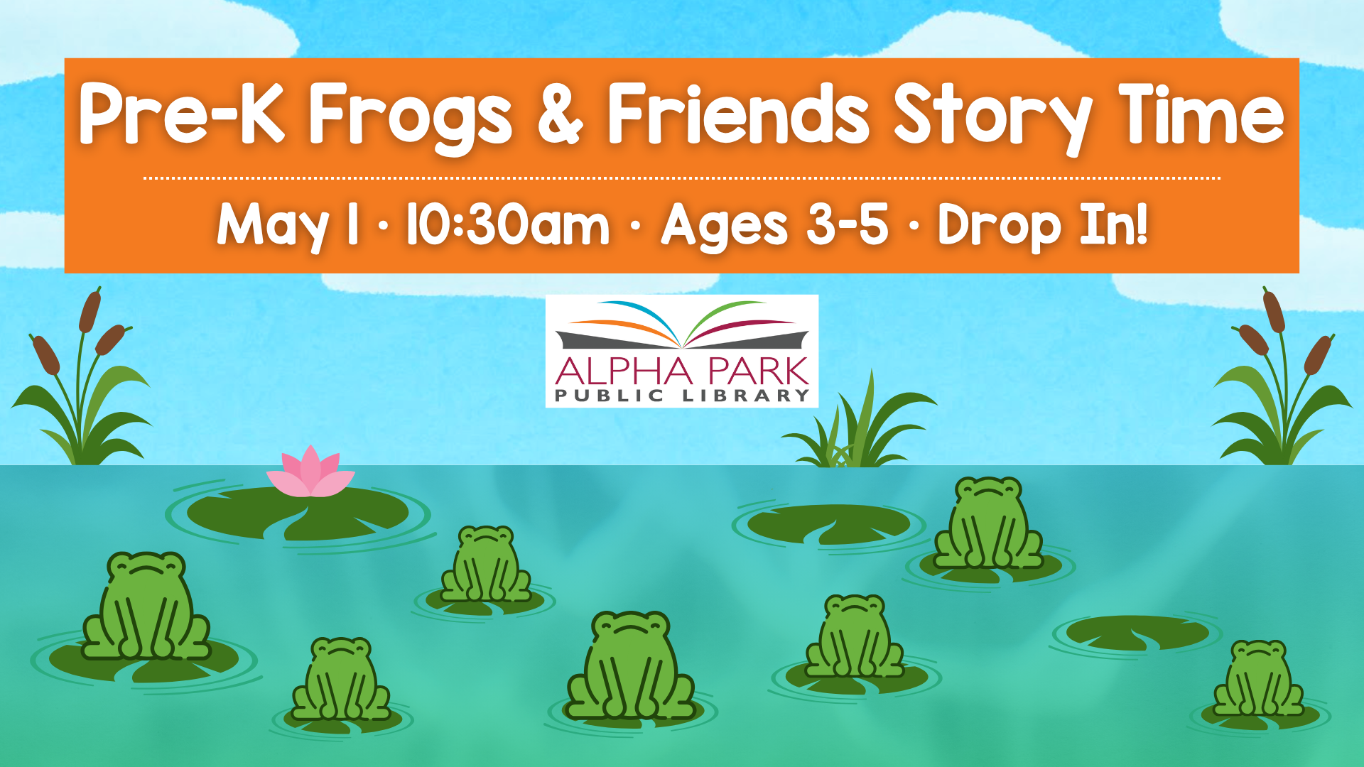 It's a flyer for a Pre-K story time event at Alpha Park Public Library on May 1 for ages 3-5.
