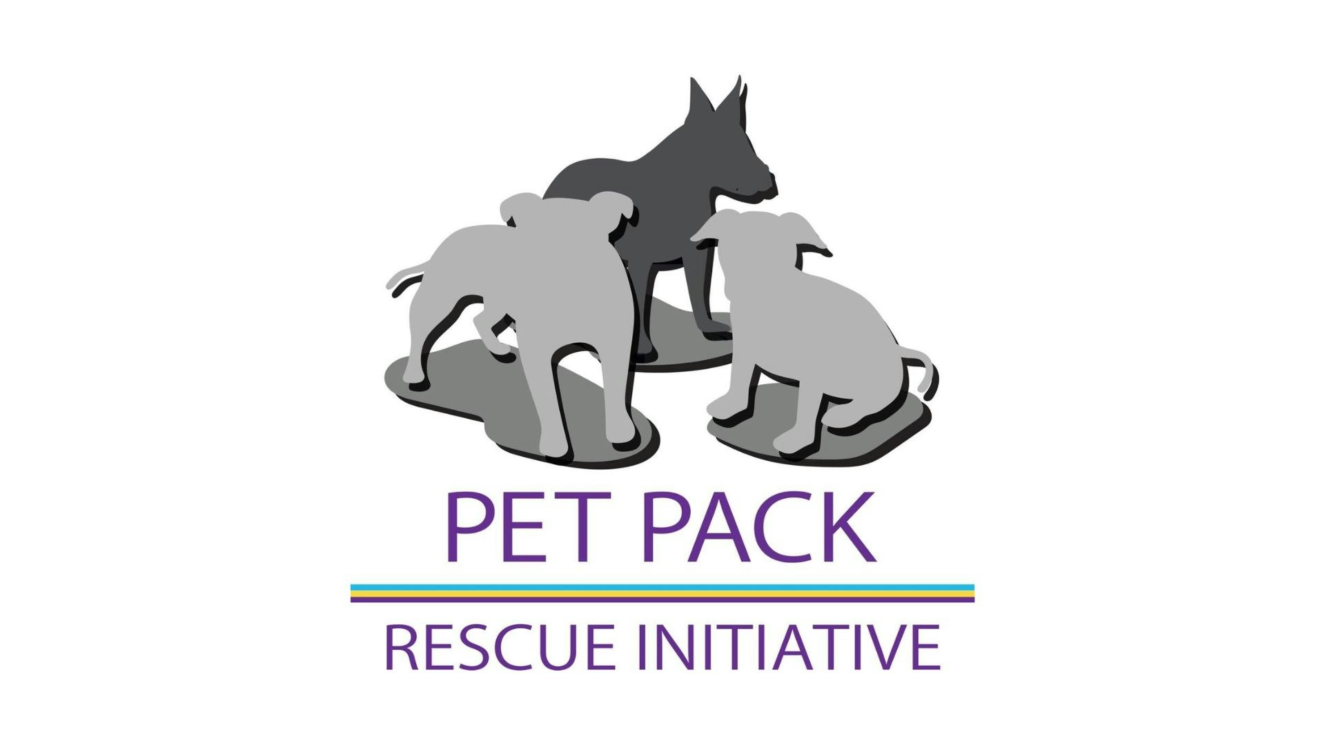Silhouettes of three dogs with text "Pet Pack Rescue Initiative" below.