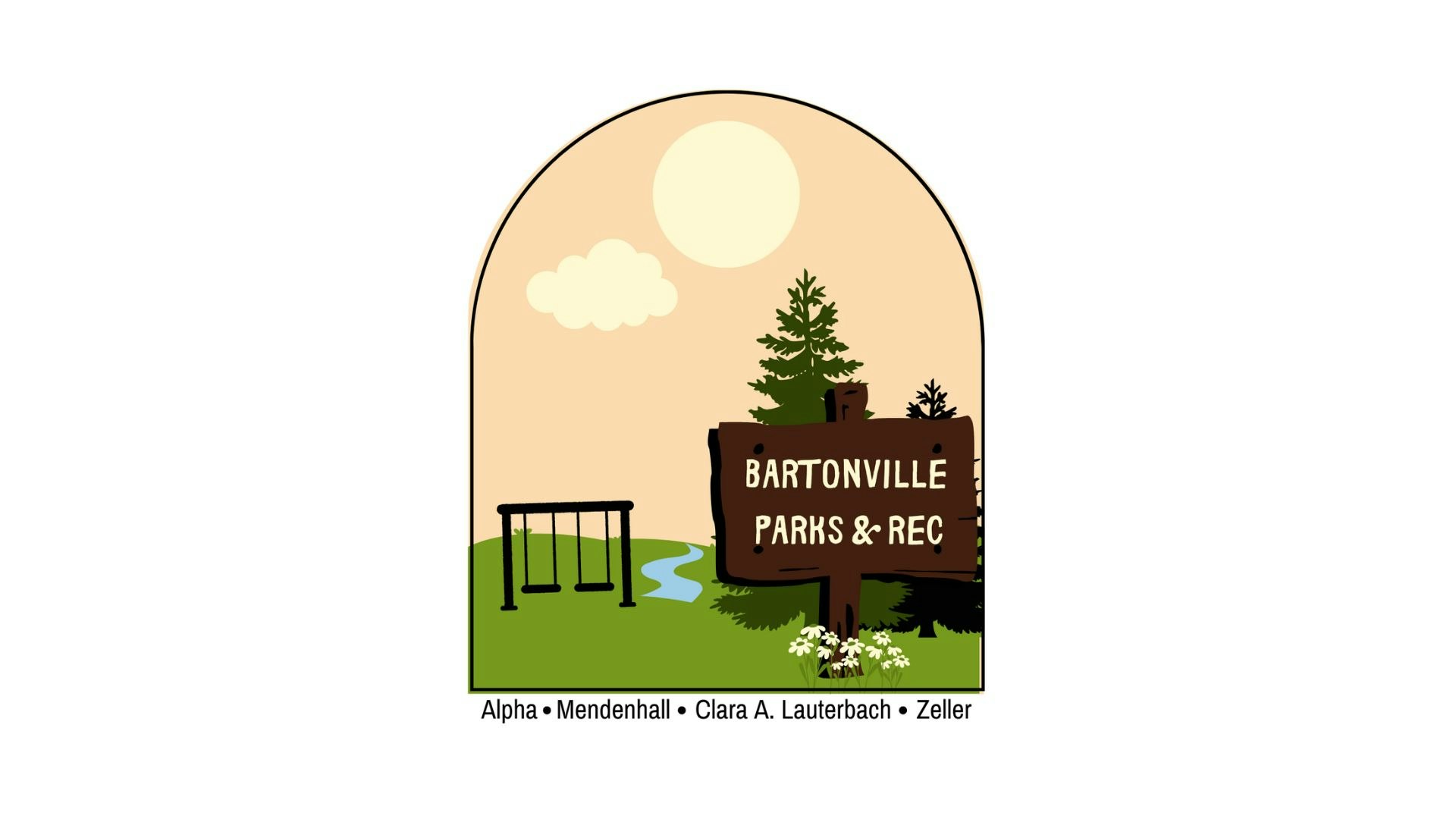 Illustration of Bartonville Parks & Rec sign with trees, a stream, swings, sun, and clouds.