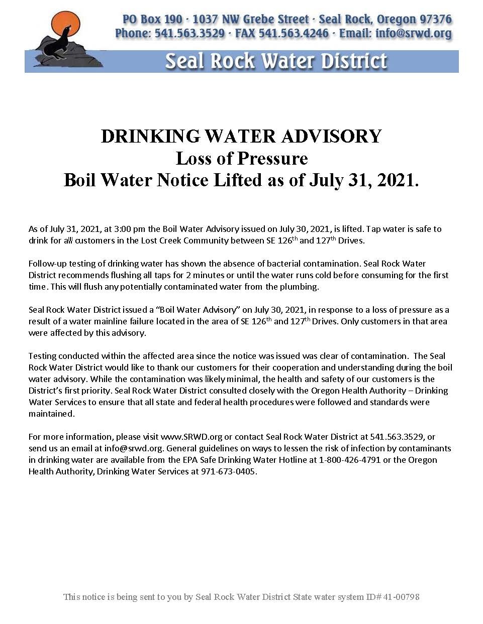 Image of Boil Water Notice Lifted 7/31/2021 for the Lost Creek Area