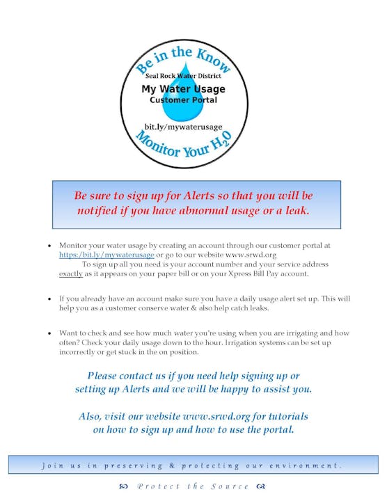 Picture of My Water Usage Customer Portal sign up information