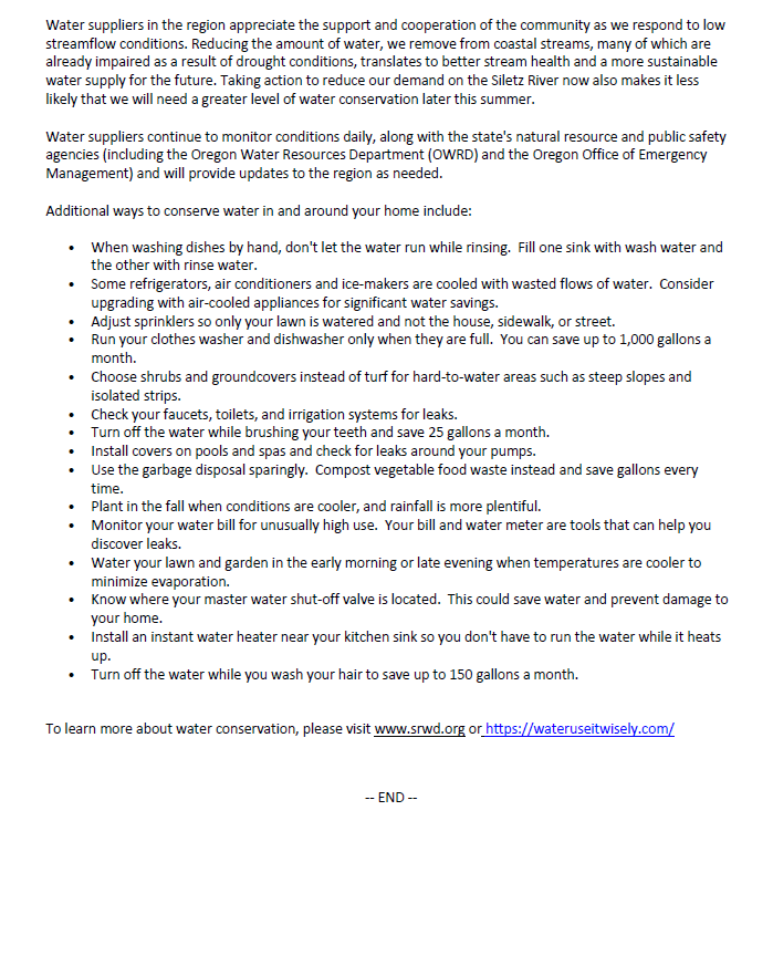 Image of Press Release regarding Stage 2 Water Curtailment Community Notice Siletz River Flows Are Low Water Conservation Requested Page 2