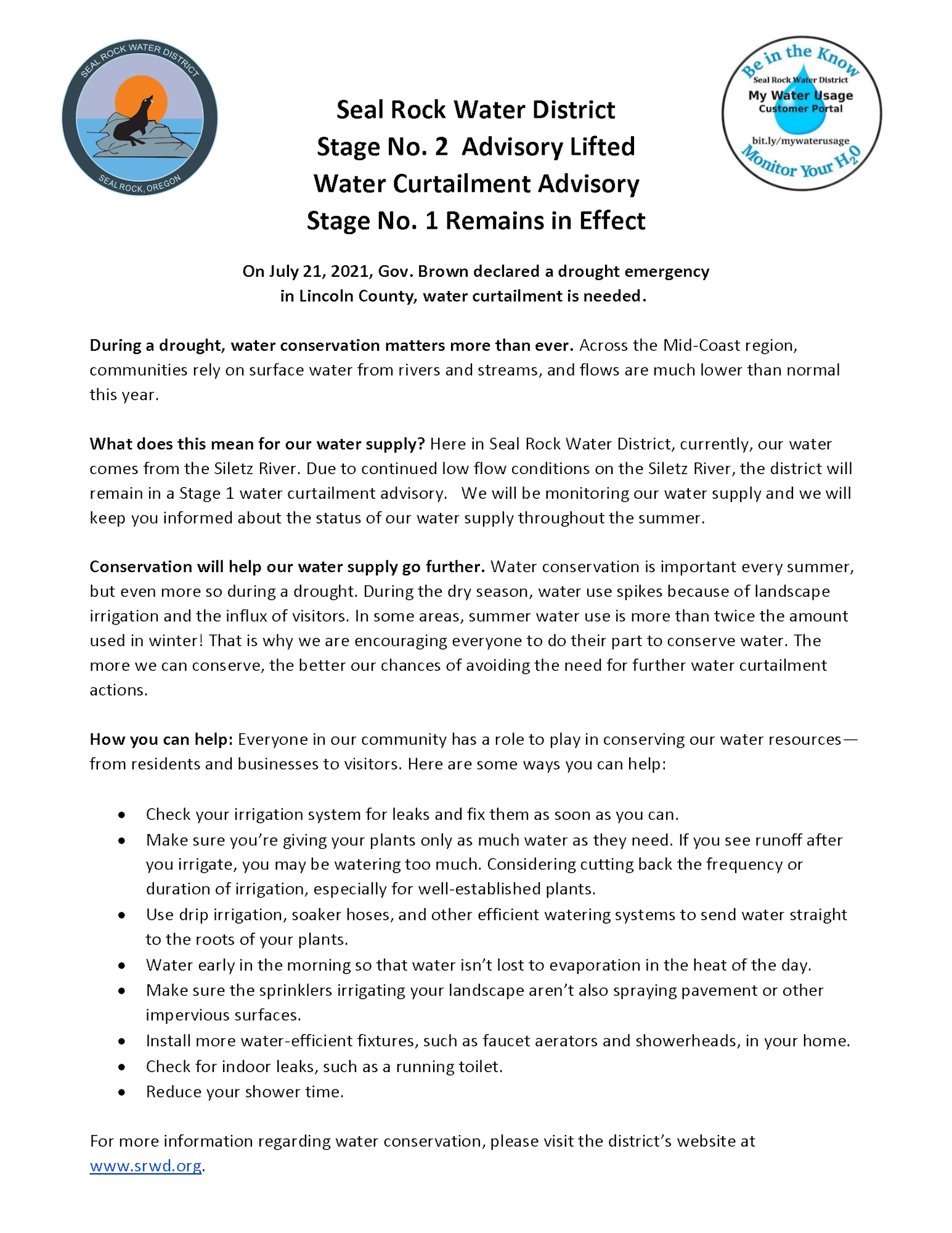 Image of Lifting Stage No. 2 & Stage No. 1 Remains in Effect Water Curtailment Advisory letter