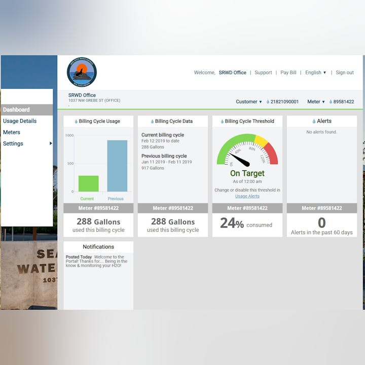 Image of the My Water Usage Portal Dashboard