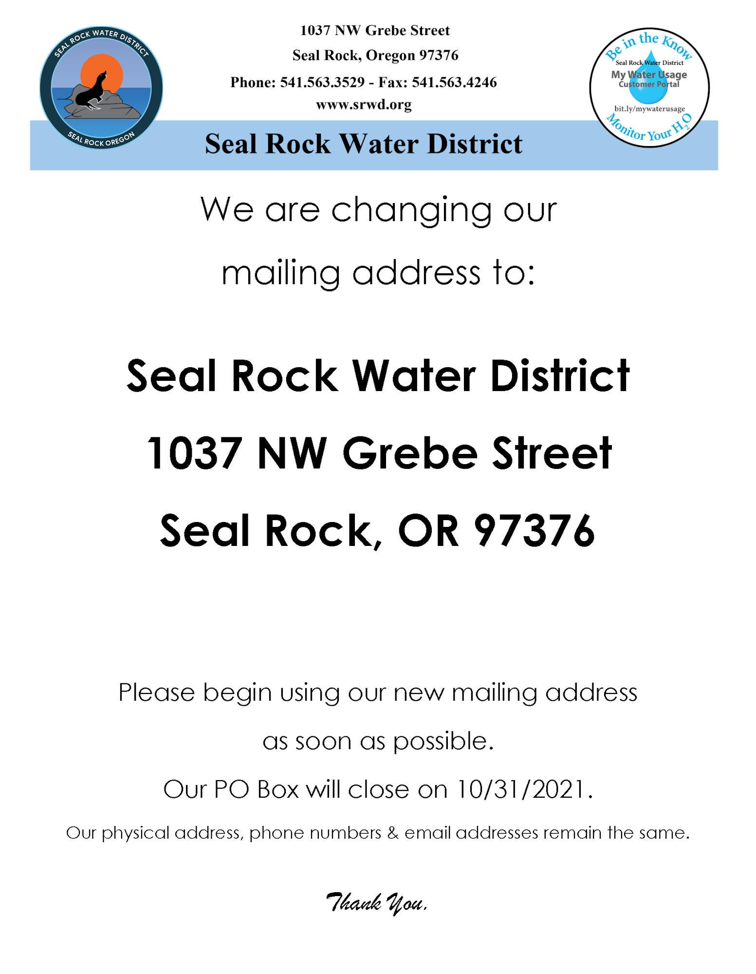 Seal Rock Water District has changed their mailing address flyer