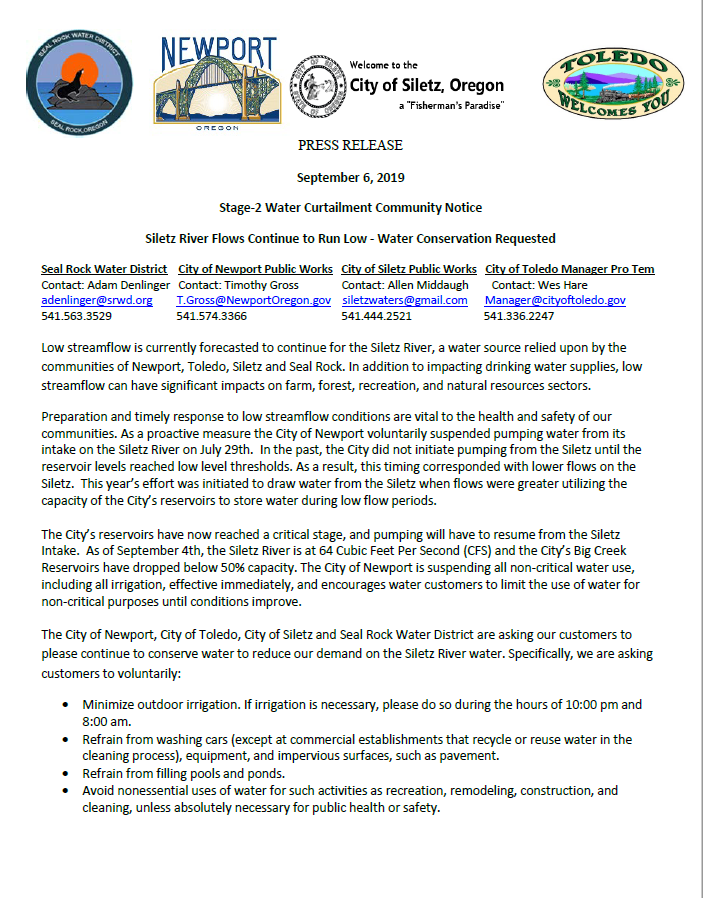 Image of Press Release regarding Stage 2 Water Curtailment Community Notice Siletz River Flows Are Low Water Conservation Requested