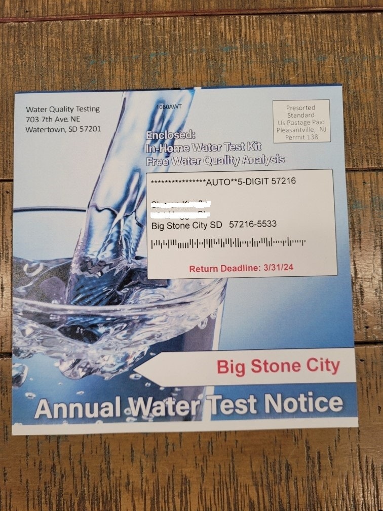 Image of scam mailer for a water quality test kit offer with a return deadline.