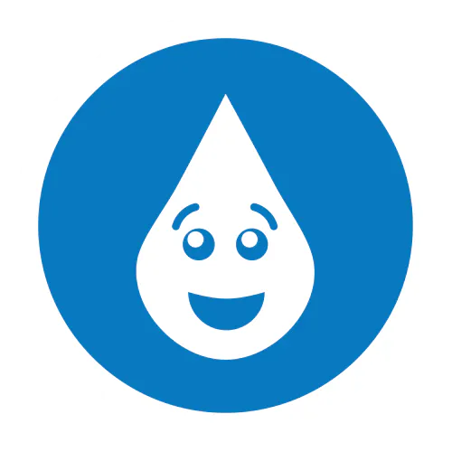The image features a happy, smiling water droplet inside a blue circle.