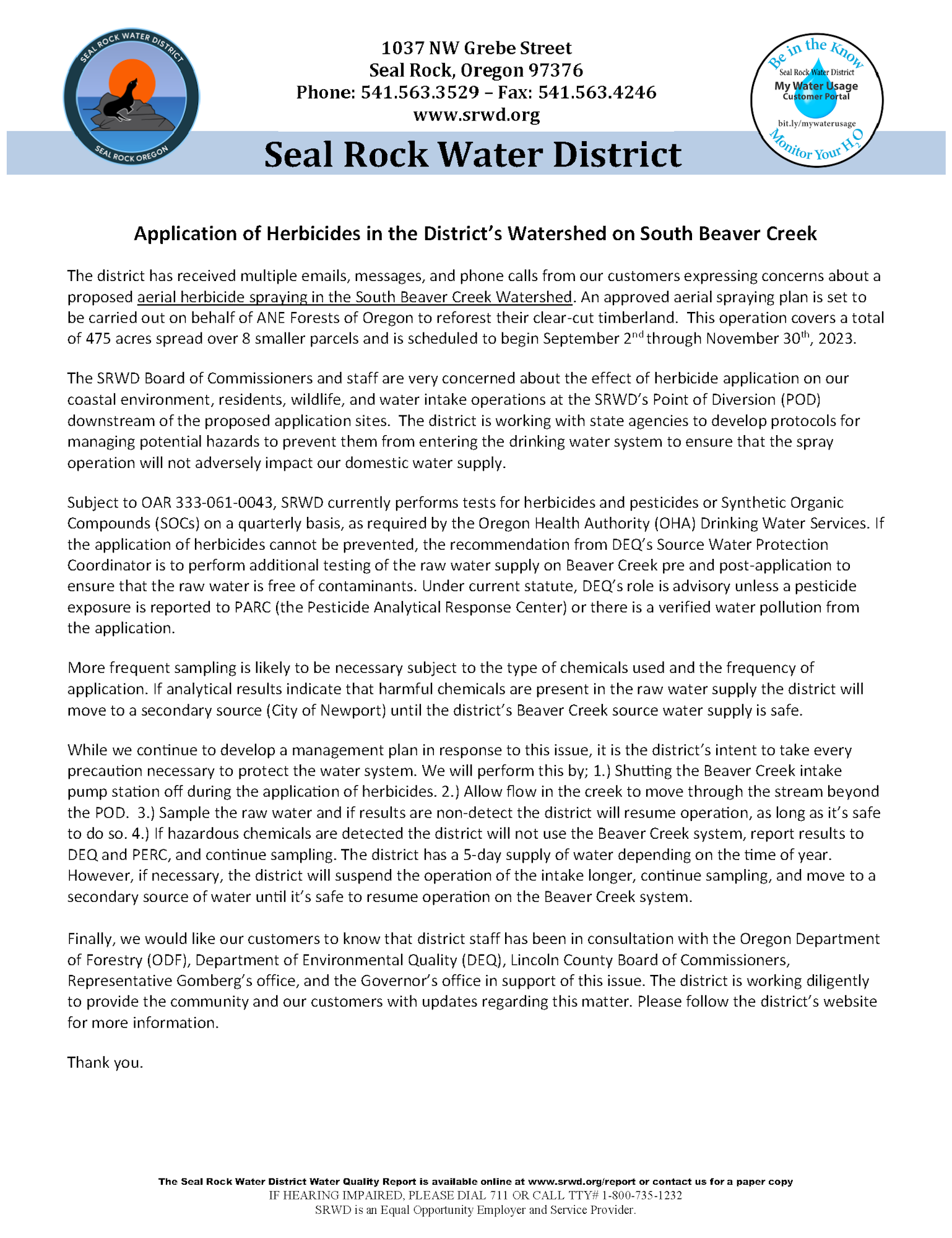 Image of Seal Rock Water District PSA regarding spraying in Beaver Creek