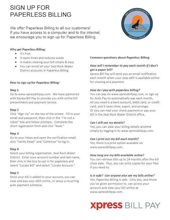 Xpress Bill Pay paperless billing instructions flyer