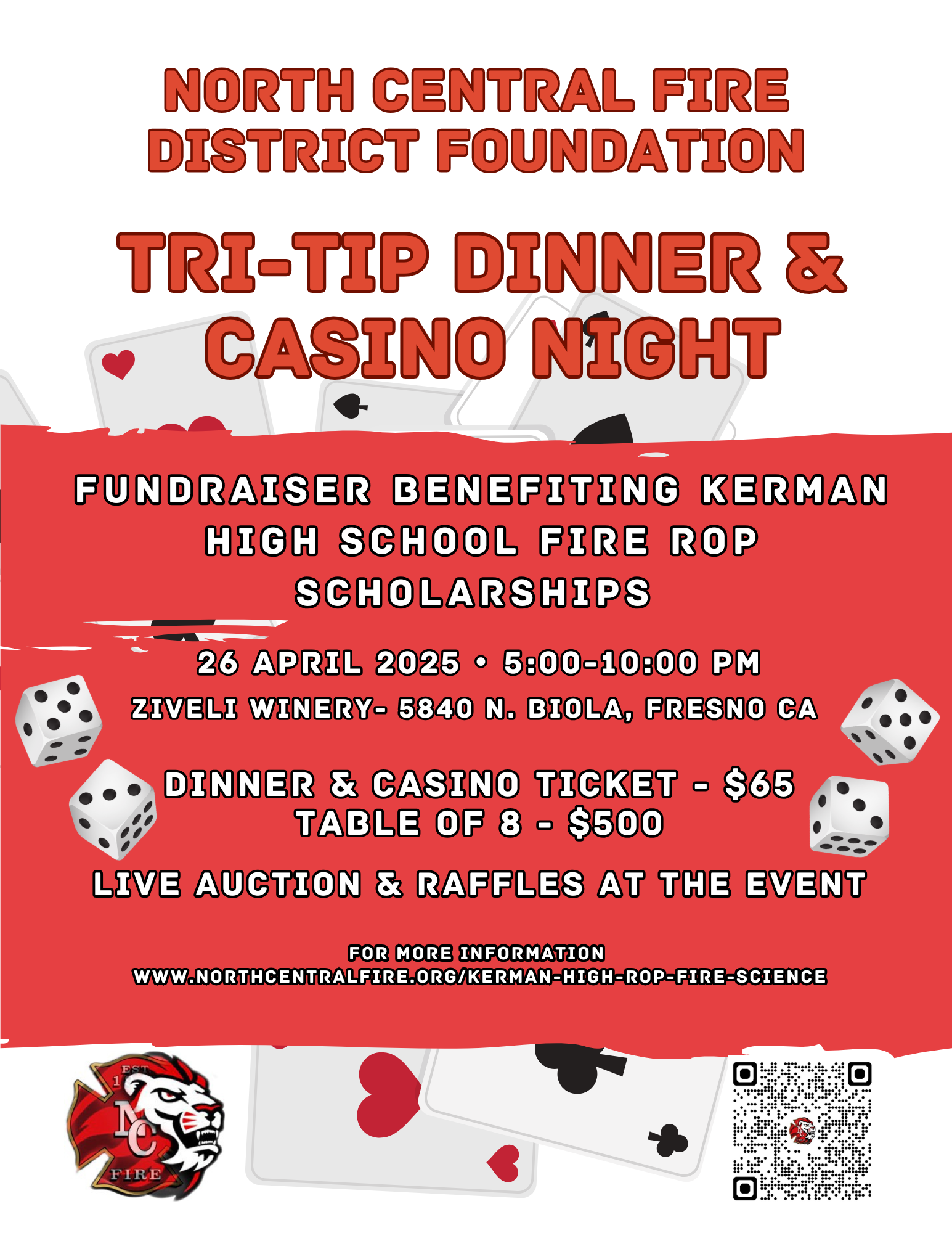 Fundraiser on April 26, 2025, for Kerman High School Fire ROP. Tri-tip dinner, casino night, live auction. Tickets: $65 or $500/table.