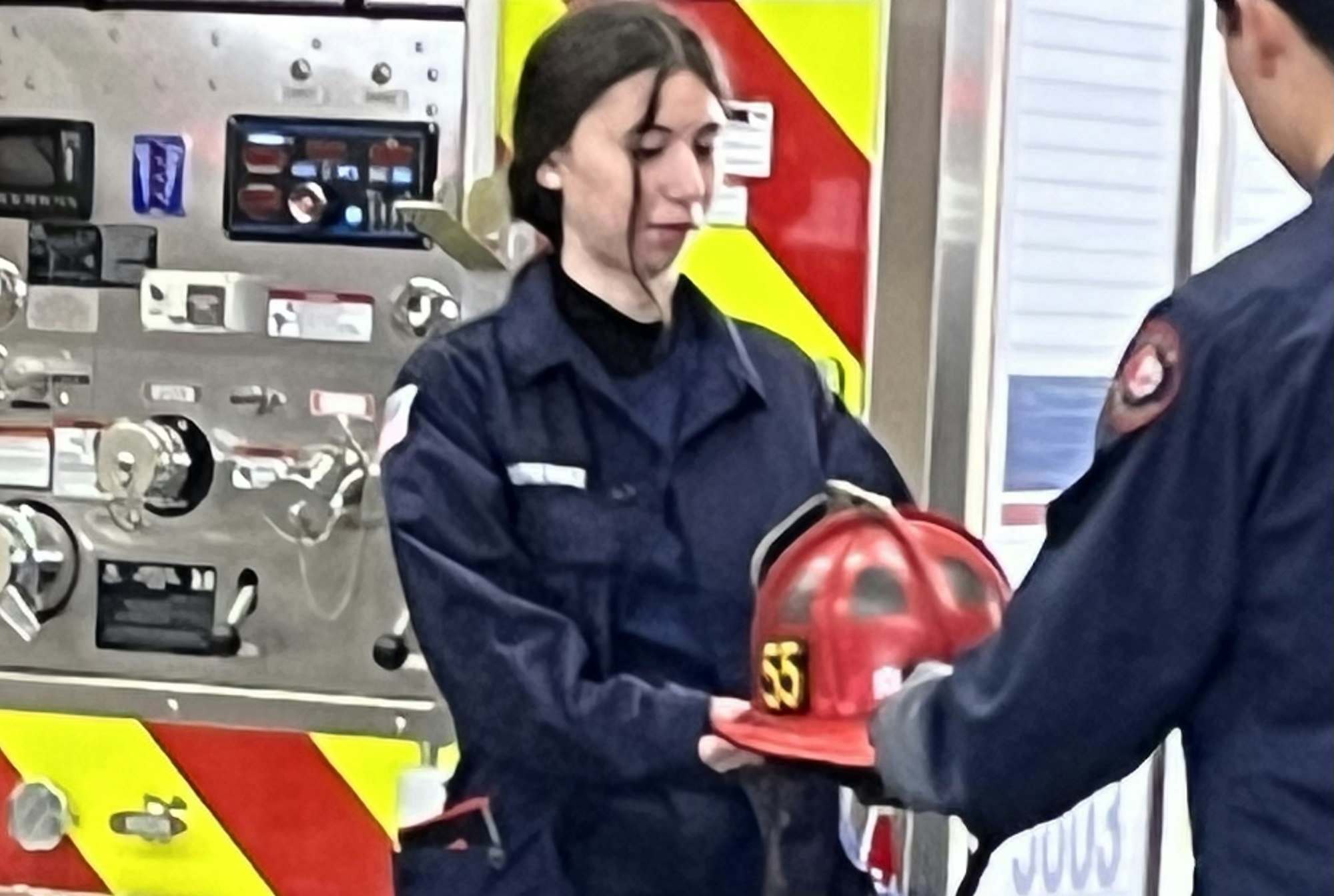 May contain: person, helmet, fireman, head, and face