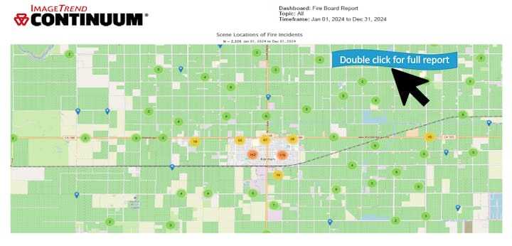 A map showing the distribution of fire incidents with a prompt to double-click for a full report.