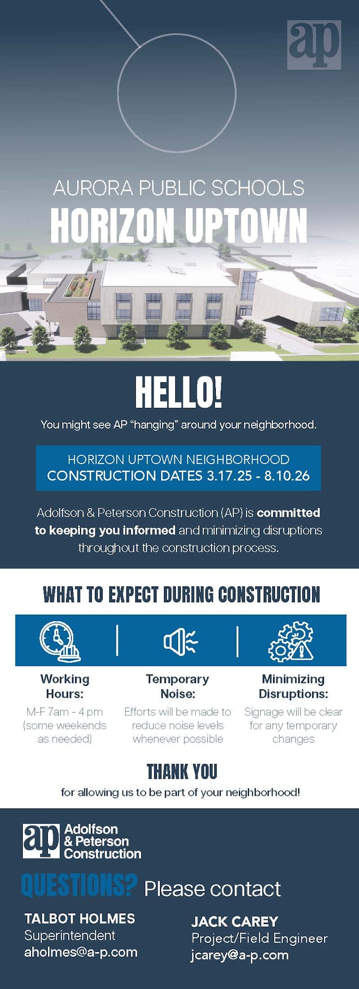 Aurora Public Schools Horizon Uptown construction notice from 3/17/25 to 8/10/26. Contact info for questions included.