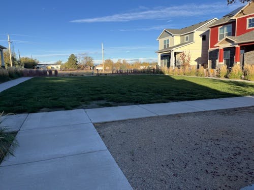 Suburban area with houses, lawn, sidewalks, and a clear sky.