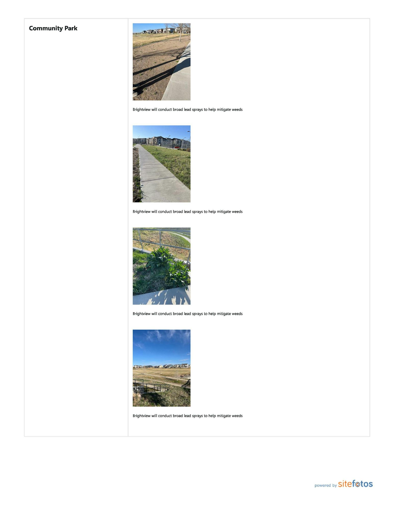 Images of a community park with sidewalks, grass, and a message about weed mitigation sprays by Brightview.