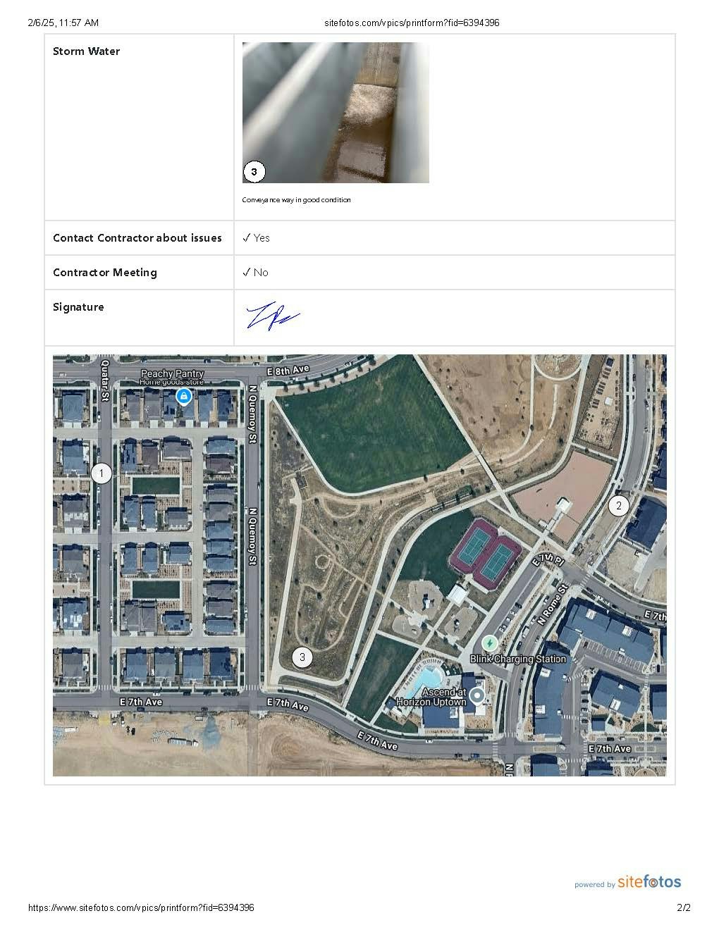 Stormwater report with a map showing inspection locations, photo of conveyance, and contact/meeting details.