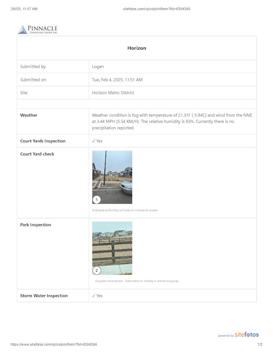Inspection report for Horizon Metro District. Weather: foggy, 21.31°F. Courtyard and storm water inspections done. Park needs dog waste cleanup.