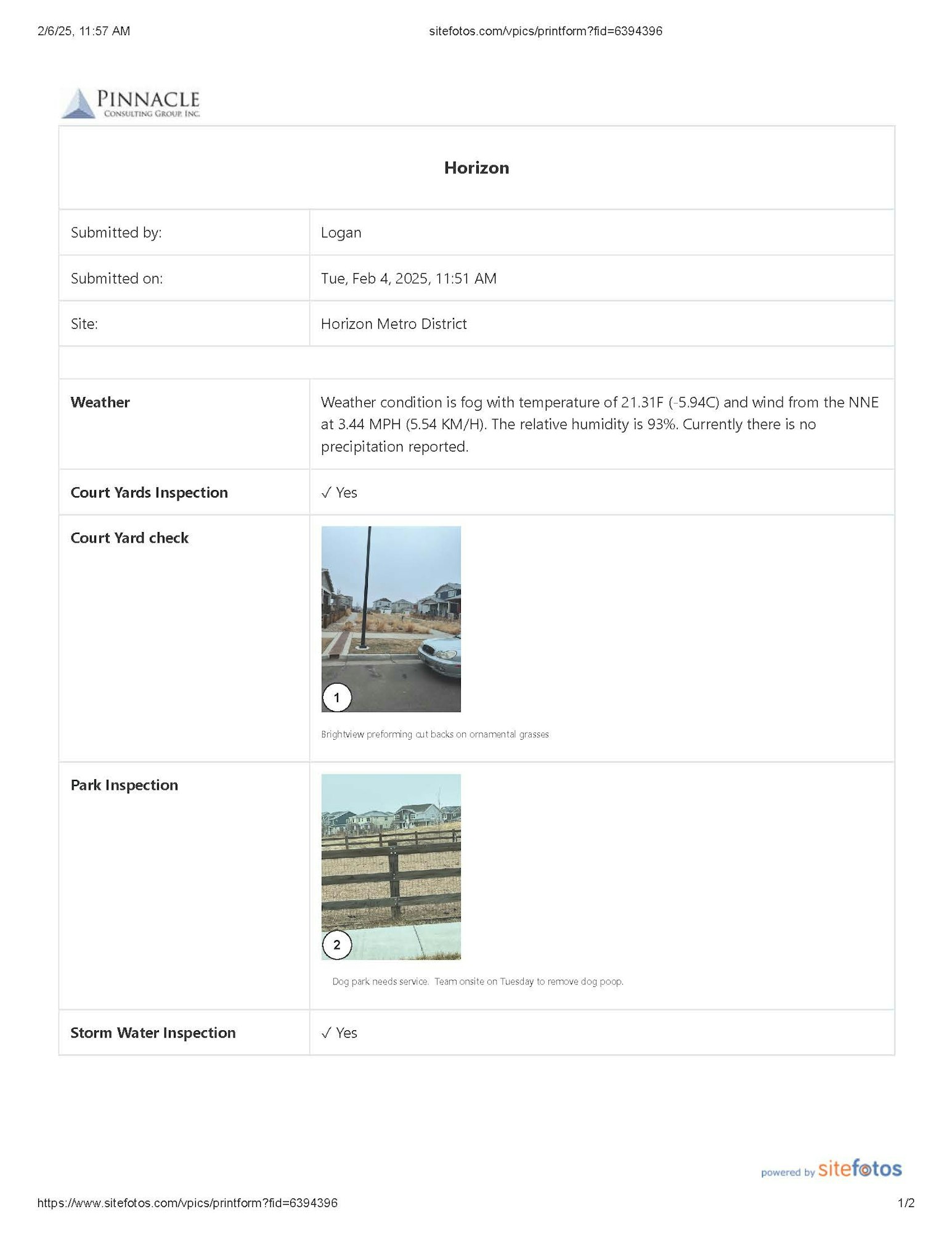 Inspection report for Horizon Metro District. Weather: foggy, 21.31°F. Courtyard and storm water inspections done. Park needs dog waste cleanup.