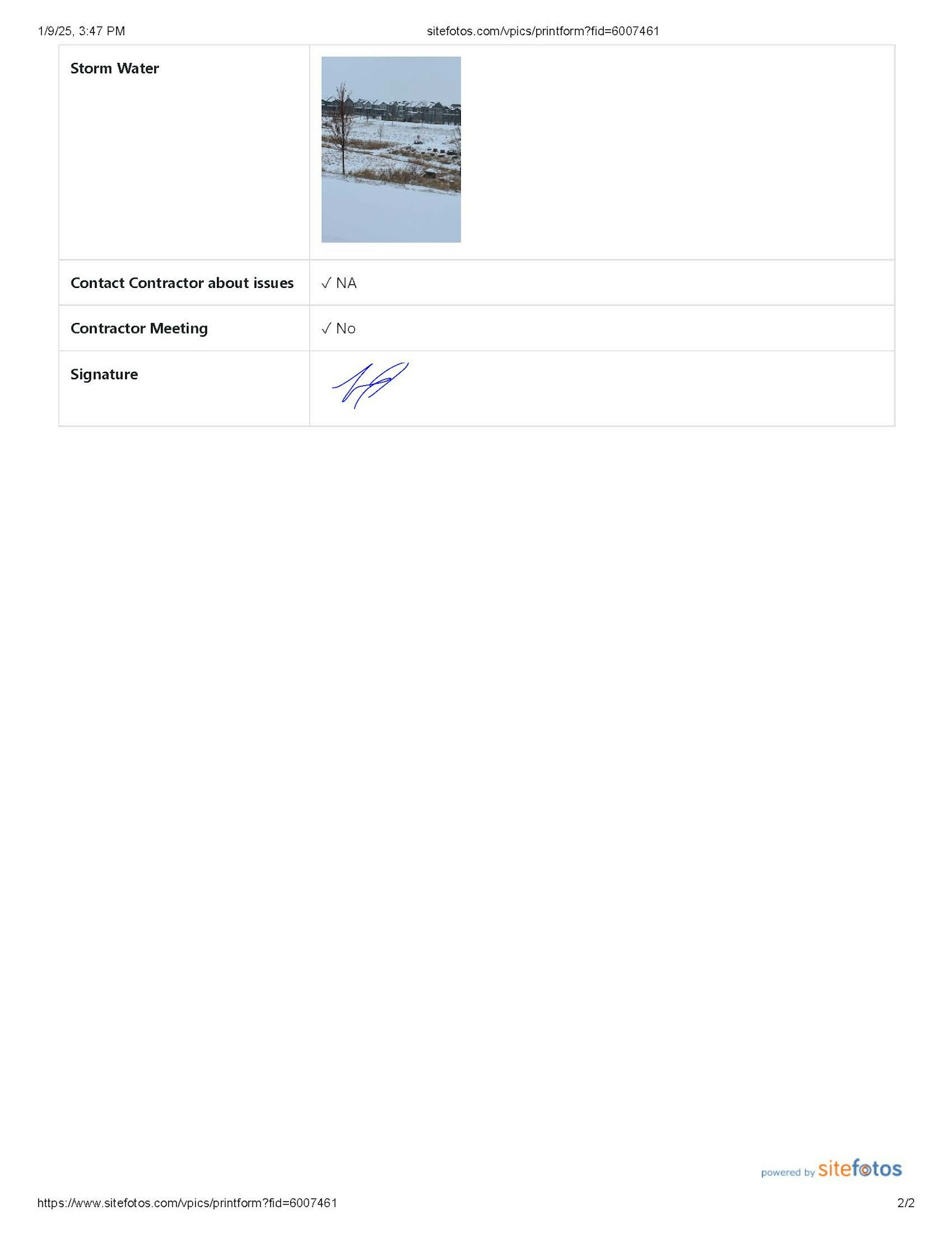 Form with an image of storm water, notes on contractor issues (NA), no contractor meeting, and a signature.