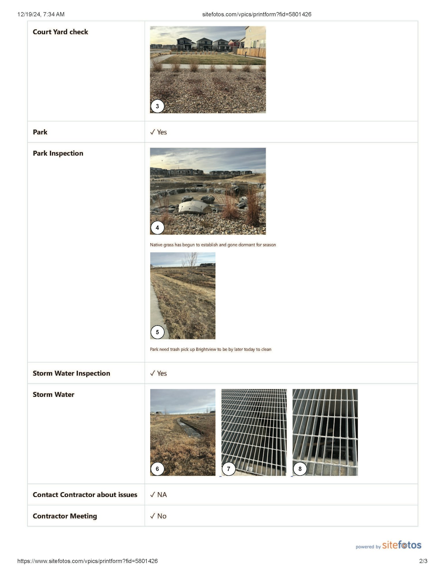 Site inspection report with images of a courtyard, park, and storm water areas. Notes on native grass and trash pickup.