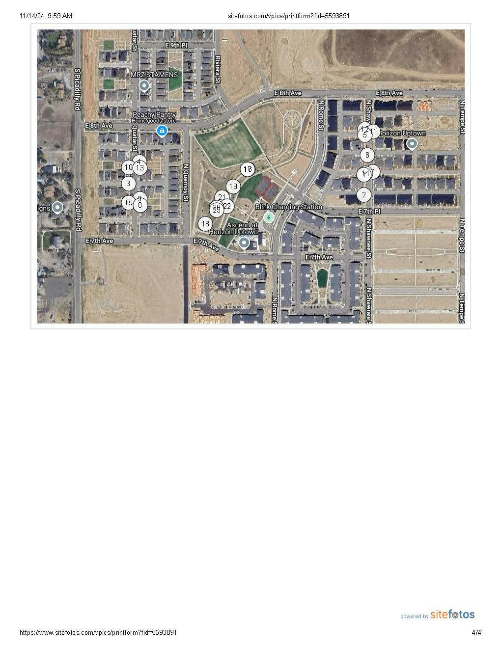 Aerial map view with labels, buildings, roads, a park, and annotations indicating points of interest or businesses.