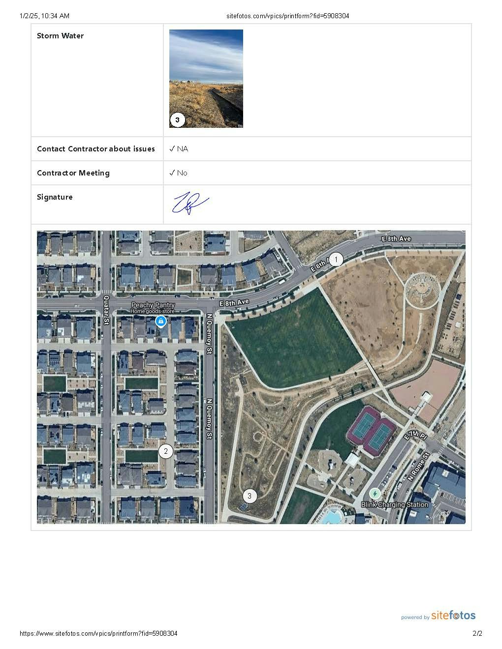 Storm water inspection with satellite map, photo, and signature. Contractor contact not required.