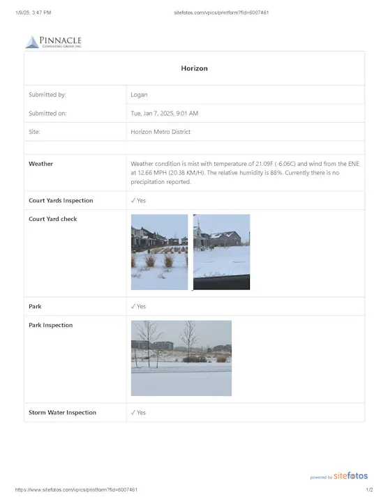 Inspection report: Misty weather, 21°F, ENE wind, no precipitation. Court yards, park, storm water checked. Images of snow-covered areas.