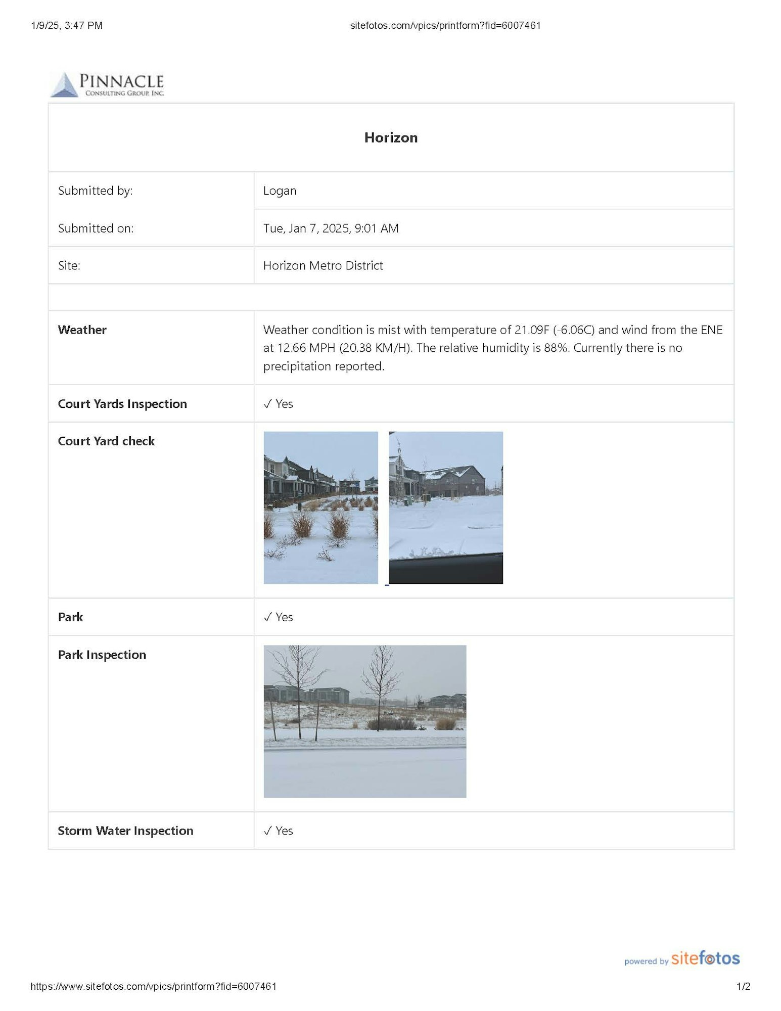 Inspection report: Misty weather, 21°F, ENE wind, no precipitation. Court yards, park, storm water checked. Images of snow-covered areas.