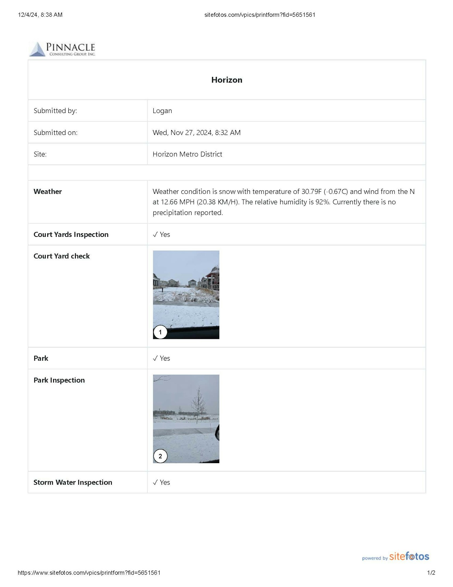 Inspection report with weather info (snow, 30.7°F, wind 12.66 MPH, 92% humidity) and images of snowy courtyard and park.