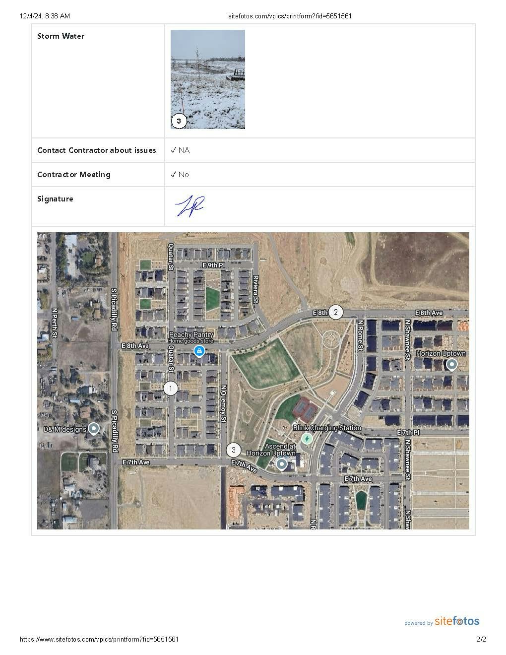 Photo of a snowy landscape with a map of a residential area below; no contractor meeting or issues reported, signed document.