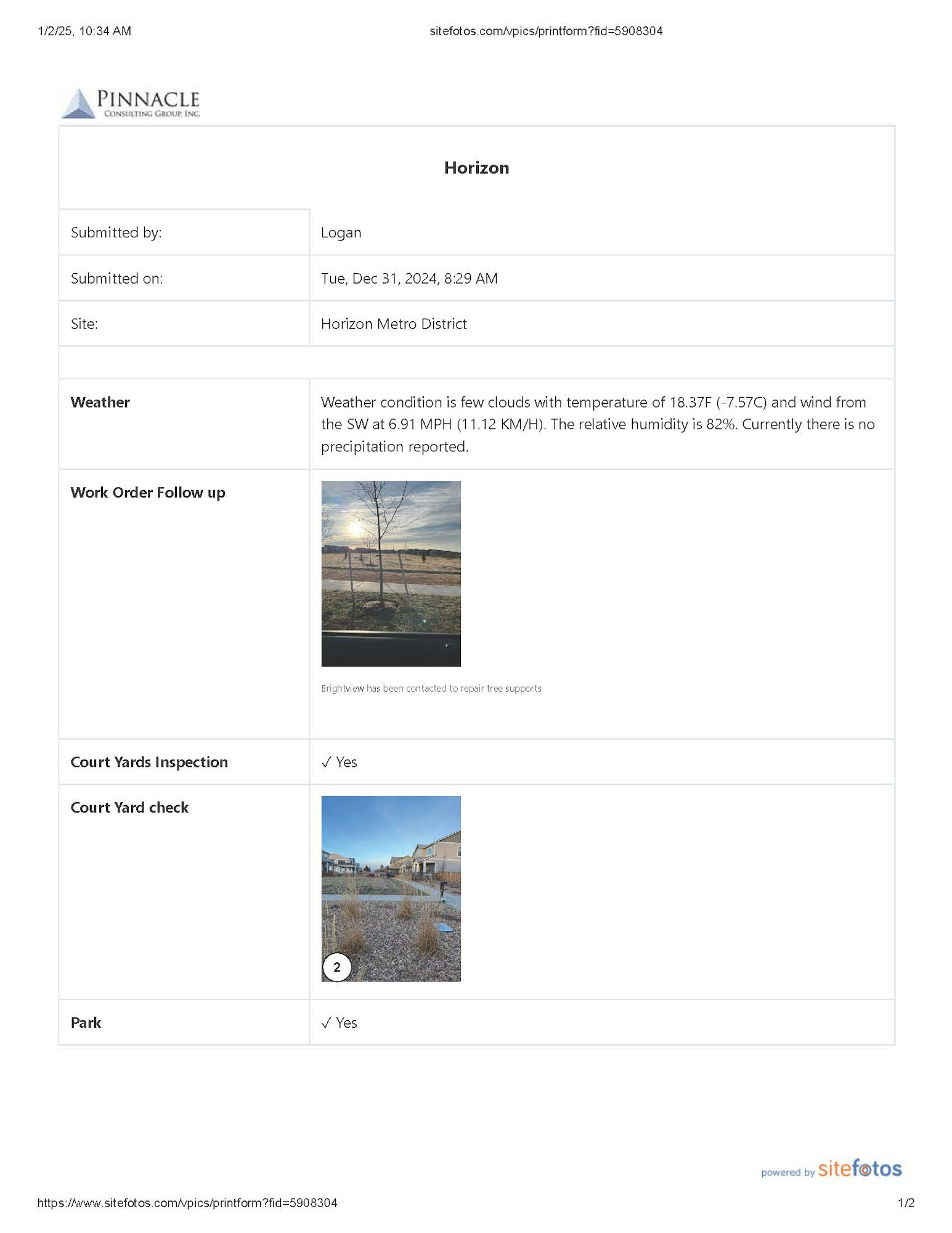 Site report for Horizon Metro District: weather, work order follow-up, court yards inspection, courtyard check, and park status included.