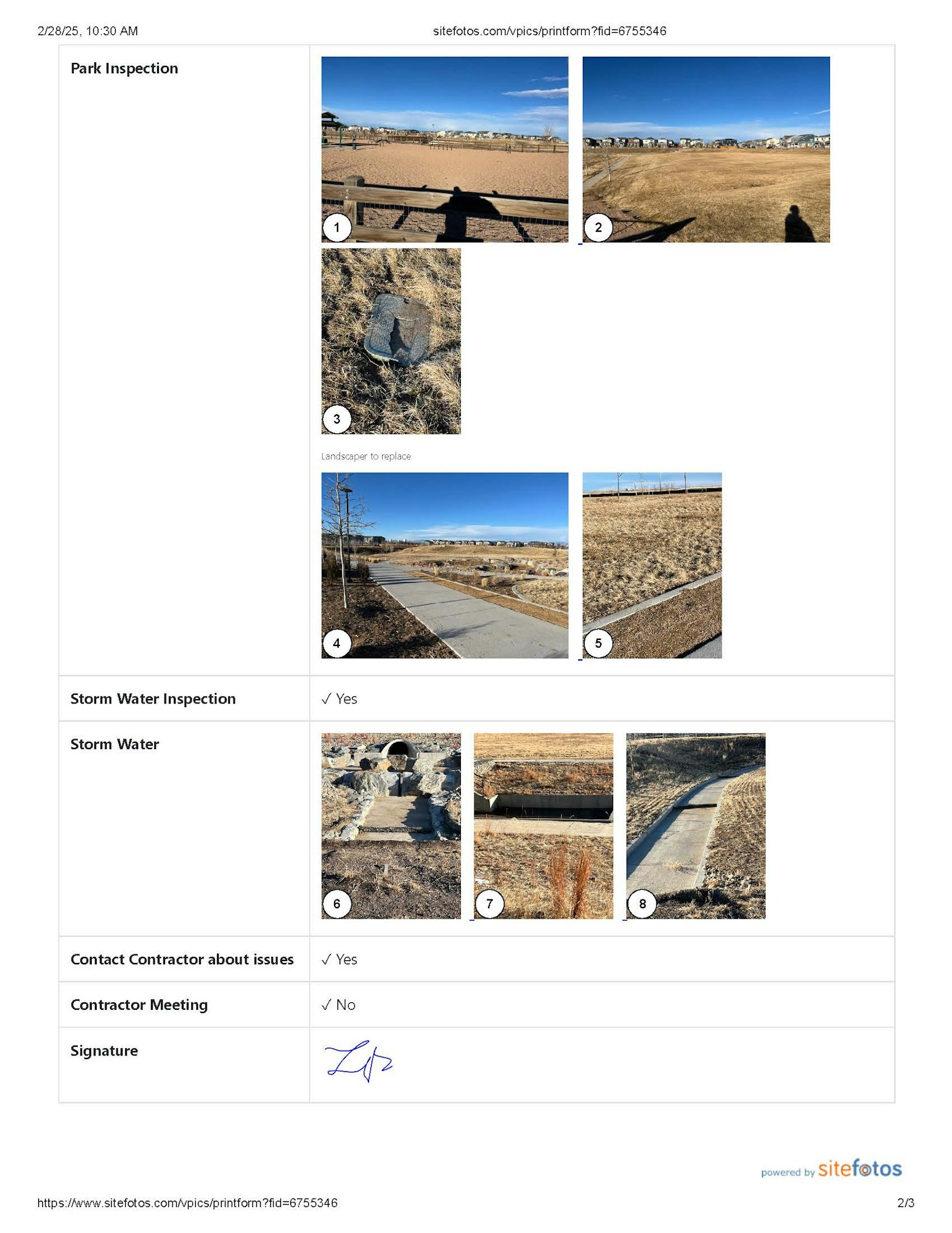 Park and storm water inspection with photos of the site. Contact contractor about issues. Signature included.