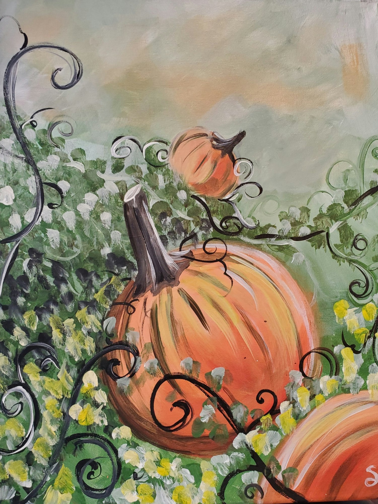 A vibrant painting of pumpkins entwined with curly vines and foliage, set against a soft, muted background.