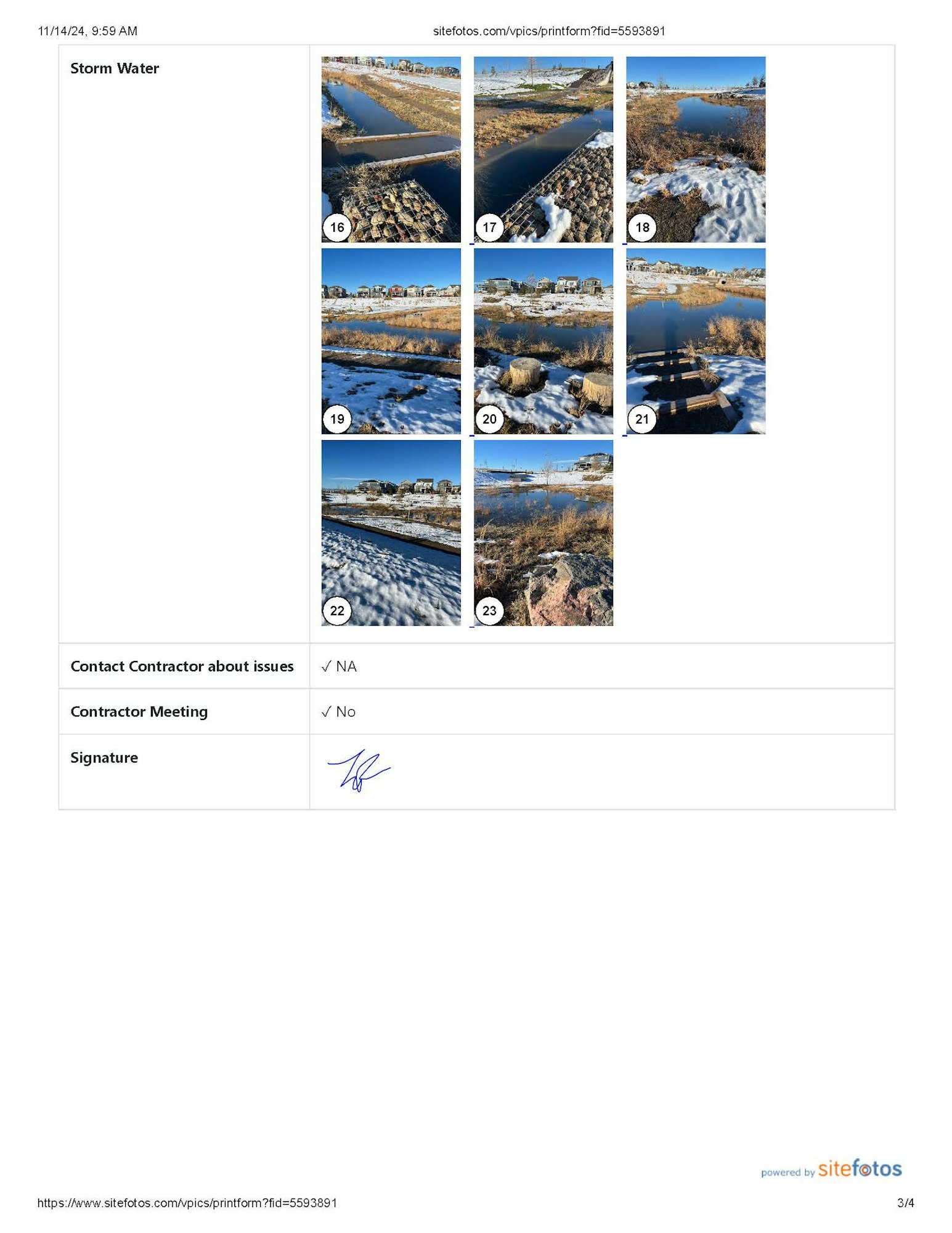 A report page showing photos of a stormwater area with checkboxes for contractor issues, meeting status, and a signature.