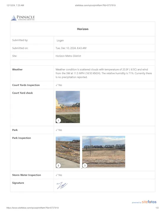 Site inspection report for Horizon Metro District: weather, courtyards, park, and storm water. Submitted by Logan, Dec 10, 2024.