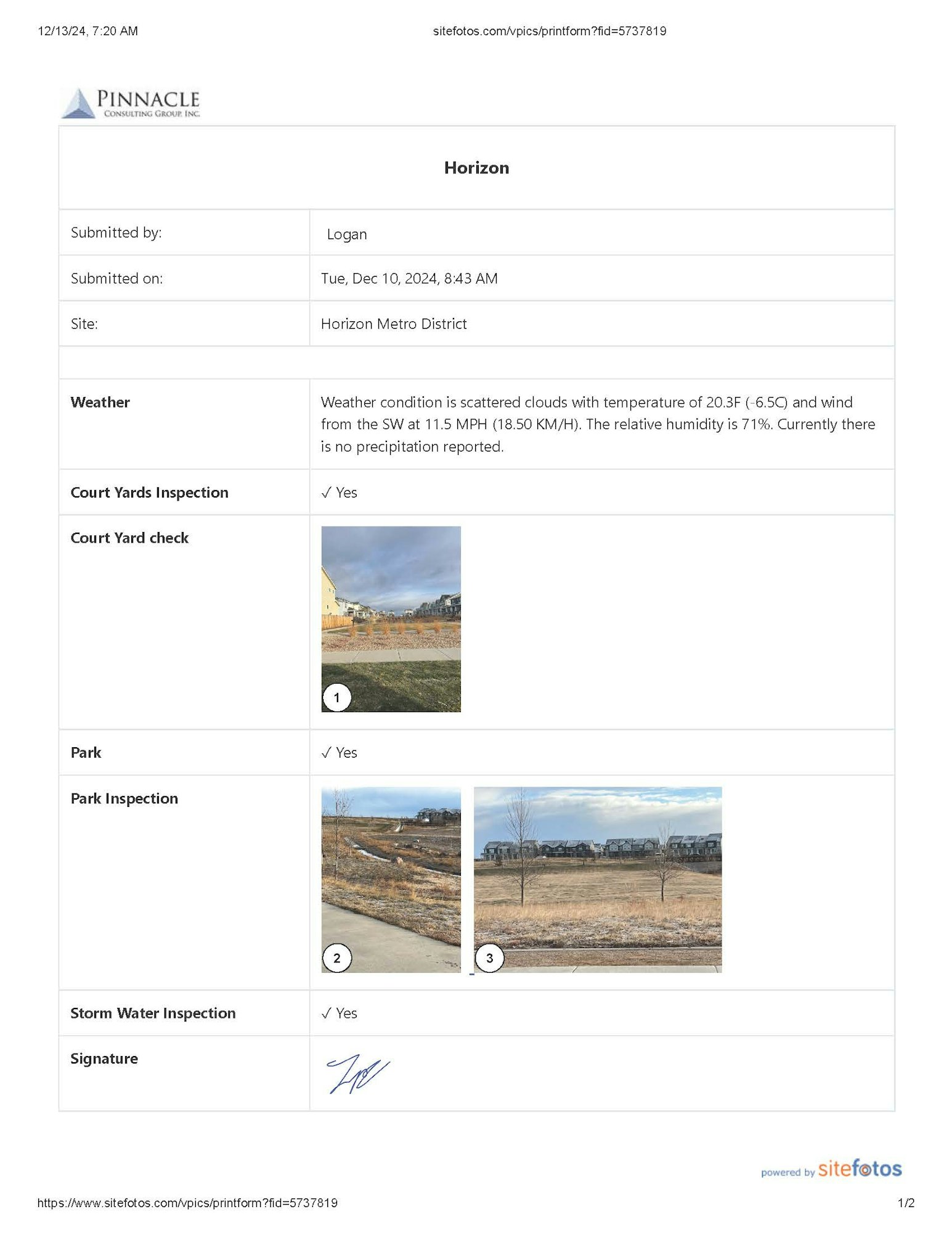 Site inspection report for Horizon Metro District: weather, courtyards, park, and storm water. Submitted by Logan, Dec 10, 2024.