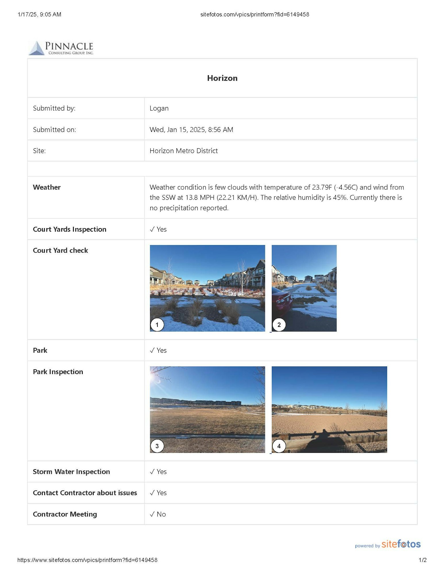 Inspection report for Horizon Metro District; clear weather, various inspections conducted, images of court yards and parks.