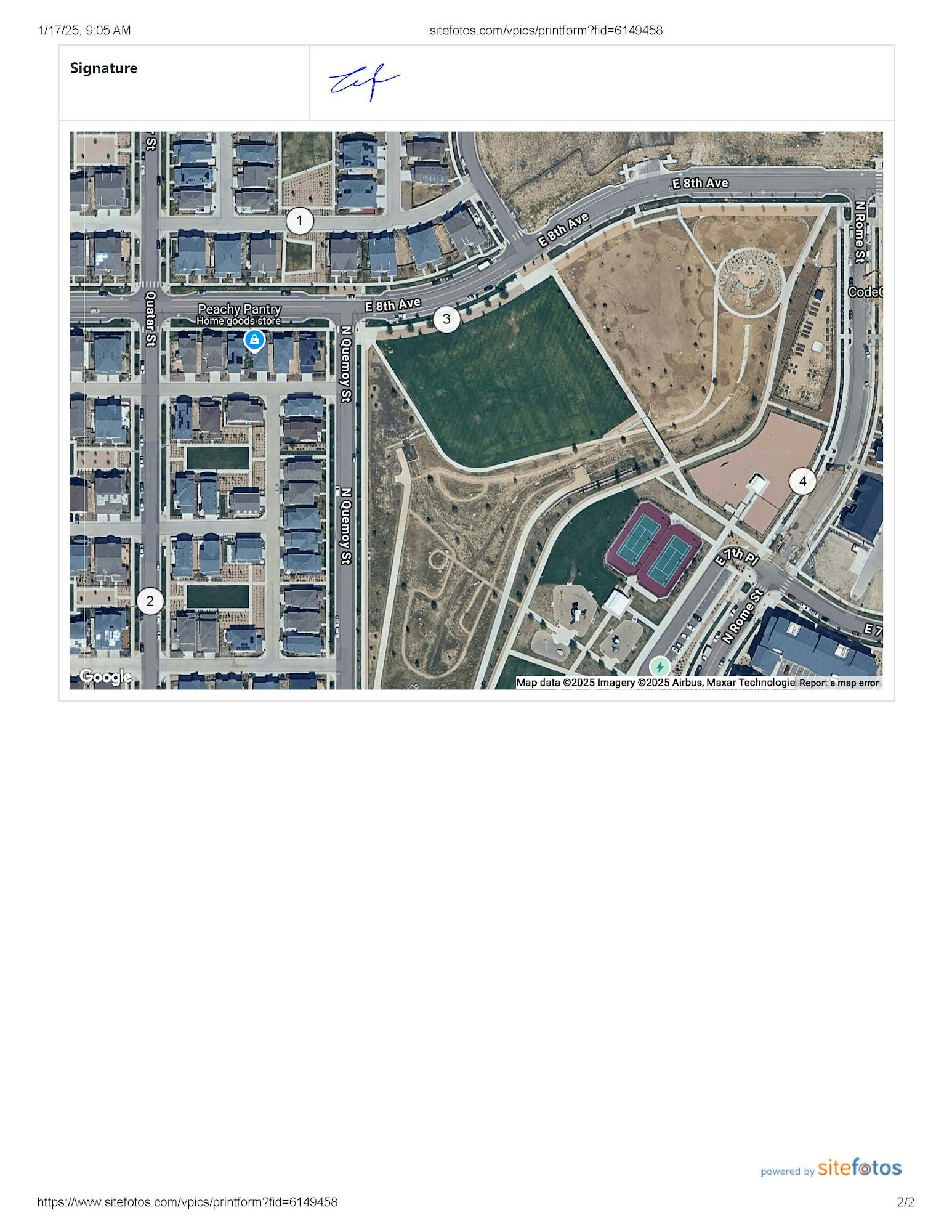 Satellite map showing a neighborhood, park, and sports courts. Includes streets and a home goods store labeled "Peachy Pantry."