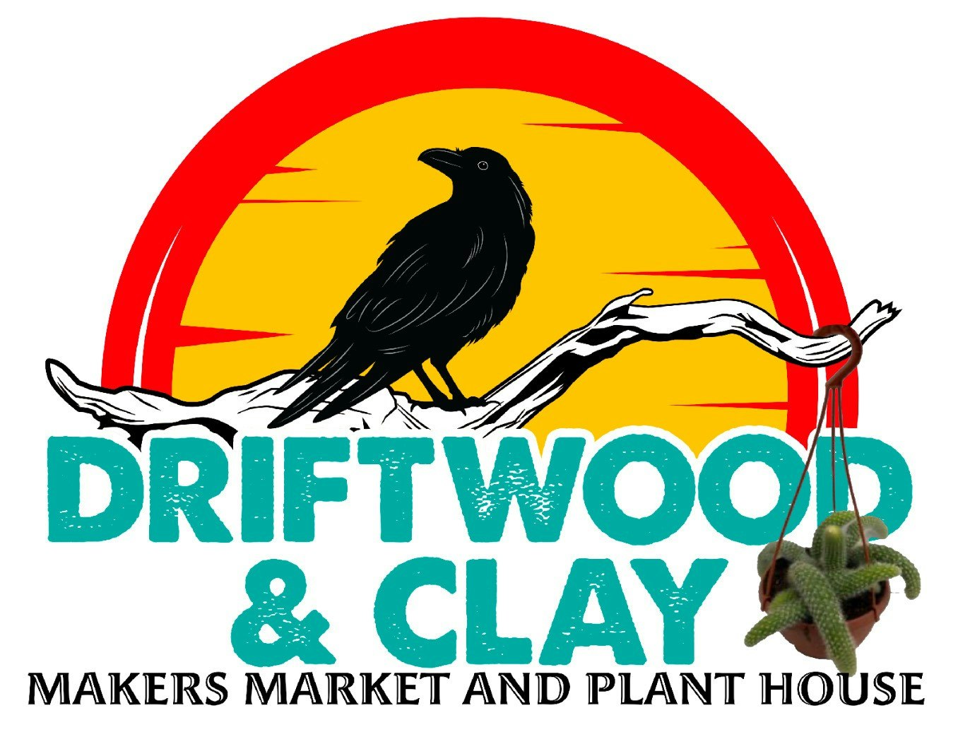 Logo with a raven, driftwood, sunset, and text "Driftwood & Clay Makers Market and Plant House."