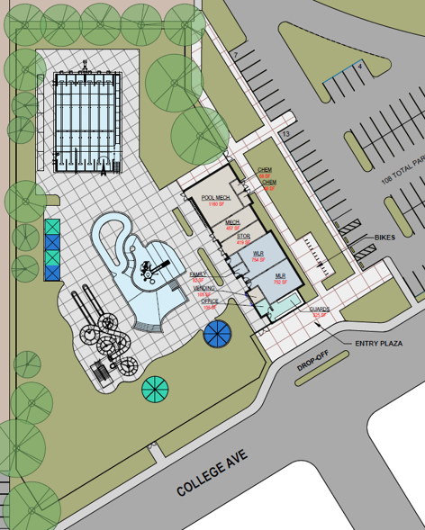 A rendering of a seasonal pool concept with two bodies of water and a slide at the current pool site.